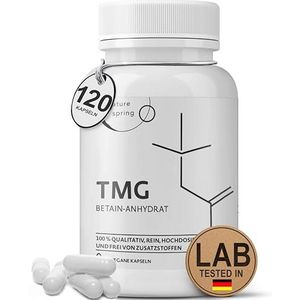 Nature spring® TMG betaïne capsules, veganistische premium TMG-capsules, 500 mg watervrij betaïne (trimethylglycine) per capsule, zeer zuiver, betaïne anhydrous (120 stuks (1 stuk))
