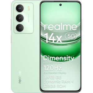 realme 14x 5G-smartphone (6+12) GB dynamisch RAM, 128 GB ROM), 120 Hz Eye Comfort-display, 50 MP-camera, 5000 mAh-batterij, schokbestendig volgens militaire normen, octa-core, groen (geen adapter)