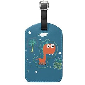 Dinosaur Sky Blue Cartoon Lederen Bagage Bagage Koffer Tag ID Label voor Reizen (3 Stks), Patroon, 12.5(cm)L x 7(cm)W