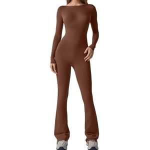 Flare jumpsuits voor dames, sexy jumpsuit met lange mouwen en open rug, volledige lengte romper playsuit(Brown,Small)