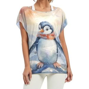 Leuke Aquarel Sneeuw Pinguïn Vrouwen Korte Batwing Mouw Shirt Ronde Hals T-shirts Losse Tops voor Meisjes, Patroon, M