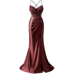Satijnen Galajurken voor Vrouwen Zeemeermin Formele Avondbaljurken met spleet Ceremonie Jurken Plus Size, Bordeaux, 32