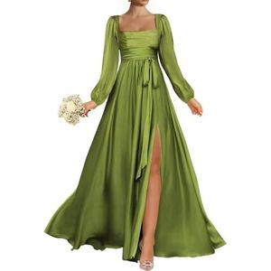 HPPEE Bruidsmeisjesjurken met lange mouwen, vierkante hals, satijn, galajurk met split, formele feestjurk, Olijfgroen, 32