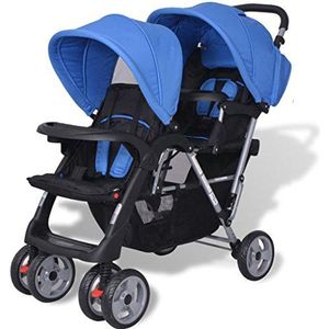 yorten Broers tweelings kinderwagen van staal en Oxford-weefsel met regenhoes voor baby's en peuters, blauw en zwart, 118 x 41 x 108 cm