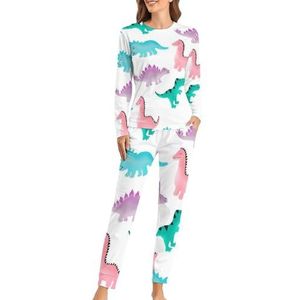 Aquarel dinosaurussen Patroon Zachte Womens Pyjama Lange Mouw Warm Fit Pyjama Loungewear Sets met Zakken 5XL