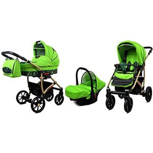 BabyLux Largo 3 in 1 Baby Reis Systeem Kinderwagen Autostoel Afneembare Regenhoes Voetenzak Dragende Wielen Pasgeborene tot Baby Green Leaf Gold Frame