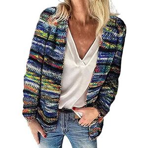 Dames Vest Trui, Veelkleurig Gestreept Gebreid Casual Lange Mouw Kleurrijke Truien Truien Tops Open Front Losse Jas Uitloper Voor Herfst Winter Lente (Color : Blue, Size : M)