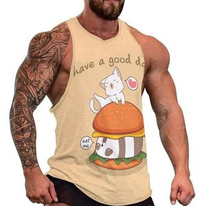 Schattige Panda Burger met een schattige kat heren tanktop grafische mouwloze bodybuilding T-shirts casual strand T-shirt grappige sportschool spier