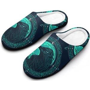 Interessante Persoonlijkheid Nordic Viking Platte Schoenen, Binnen Woonkamer Casual Slip on Katoenen Pantoffels, Traagschuim Pantoffels voor Mannen(Raven,13-14(46-47))