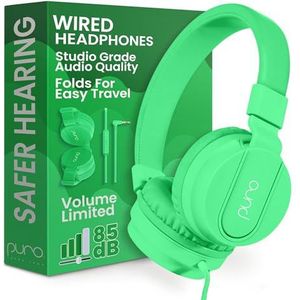 Puro Sound Labs PuroBasic volumebeperkende bedrade hoofdtelefoon voor kinderen, opvouwbare en verstelbare hoofdband met microfoon, compatibel met smartphones, tablets en pc's (groen)