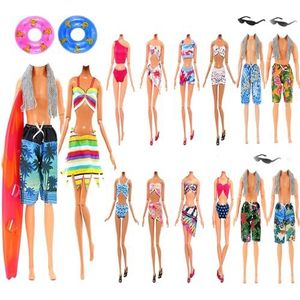 36 stuks poppenkleding en accessoires, 7 bikinitopjes en broeken of jurken voor 11,5 inch meisjespop, 3 strandbroeken, 3 handdoeken, 1 surfplank voor jongenspoppen + 10 paar schoenen 2