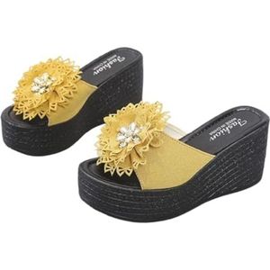 LDOZ Dames sandalen strand bloemen knoop mode Romeinse sleehak sandalen voor(Yellow,9.5)