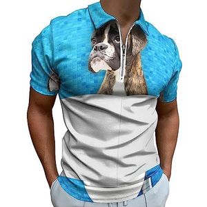 Boxer Hond Zittend op een Wc Seat Polo Shirt voor Mannen Casual Rits Kraag T-shirts Golf Tops Slim Fit