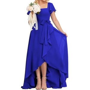 High-Low Prinses Bruidsmeisjesjurken Vierkante Hals Galajurk Chiffon Formele Avondfeestjurk met Mouwen, koningsblauw, 32