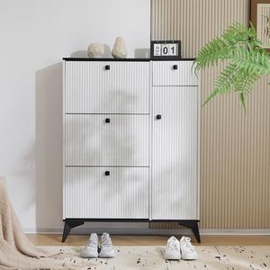 FAYICIC Schoenenkast met 3 kleppen, 1 lade en 1 deur, schoenenrek, schoenenkast smal, schoenenkast wit. Afmetingen: H 121 cm/B 90 cm/D 25 cm