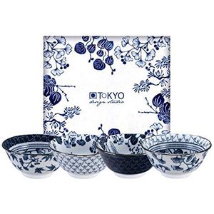 TOKYO Design Studio Flora Japonica set van 4 schalen blauw-wit, Ø 14,8 cm, 7 cm hoog, ca. 500 ml, Aziatisch porselein, Japans bloemmotief, incl. geschenkverpakking