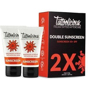 Tattoolicious DOUBLE SUNSCREEN 50+ SPF Tattoo sun protection, with Anti-Fading Formula and Organic Active Ingredients,150 ml – 5.28 UK fl. oz. Double Pack (2 tubes of 75 ml)