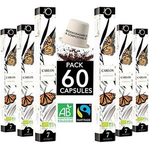 Koffiecapsules Compatibel Nespresso | Biologisch Fair Trade Arabica Koffie, Single Origin Honduras CARLOS | Biologisch Afbreekbare Cup Composteerbaar | Ambachtelijk Gebrand | 60 Koffie cups