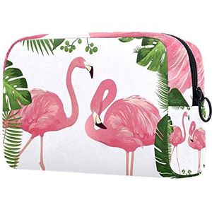 Toilettas met ritssluiting, grote capaciteit herbruikbare make-up Pouch cosmetische reistas met Flamingo en groene bladeren voor tienermeisjes vrouwen
