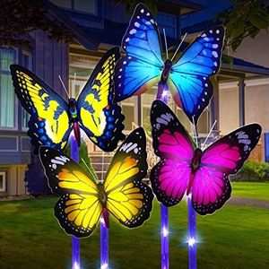 Vegena Zonnelampen voor buiten, 4 stuks, vlinder, tuinverlichting, led-tuinlamp, paalverlichting, straatlantaarn, waterdicht, IP65, zonnelampen voor tuin, balkon, gazon, terras, tuindecoratie, figuren