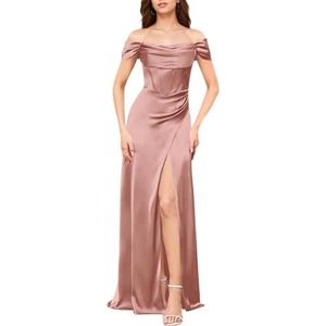 YIANN Satijnen baljurk voor dames, off-shoulder met split en geplooid korset, A-lijn baljurk formele jurk, Stoffige Roos, 32