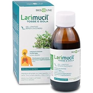 BIOS LINE Larimucil hoest en hals, siroop, voedingssupplement, hoest, kalmerende vloeibare gel, gaat droge hoest en vet tegen, kalmeert de orofarynxale slijmvlies, 120 ml fles zonder