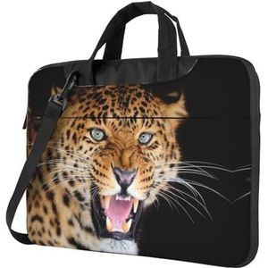 ZaKhs Luipaard Print Laptop Schoudertas Met Schouderriem Aktetas Slanke Computer Tas Voor Vrouwen Mannen, Zwart, 14 inch