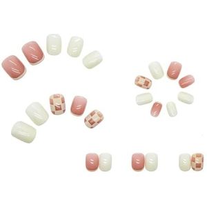 24 stuks korte vierkante valse nagel met sticker roze wit rooster klassieke kunstmatige nepnagels