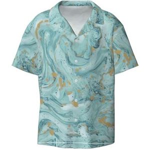 YQxwJL Kapper Benodigdheden Patroon Print Mens Casual Button Down Shirts Korte Mouw Rimpelvrij Zomer Jurk Shirt met Zak, Azurite Teal en Folie Goud Olie Marmer Patroon, XL