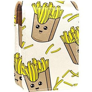 Draagbare Lipstick Case voor op reis, Mini Lipstick Opbergdoos met spiegel voor dames dames, Lederen cosmetische etui Cartoon Frieten, Meerkleurig, 9.5x2x7 cm/3.7x0.8x2.7 in