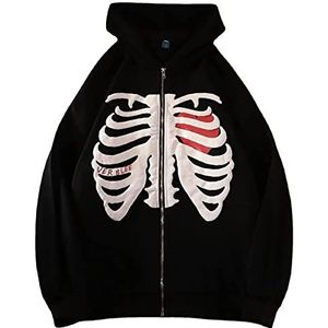 Vrouwen Skeleton Zip Up Hoodies E-Meisje Top Y2K Ribbenkast Grafische Langarm Sweatshirt Harajuku Oversized Jacke (Color : Black, Size : S)