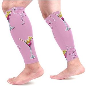 EZIOLY Roze flamingo's Cocktail Sport Kalf Compressie Mouwen Been Compressie Sokken Kalf Guard voor hardlopen, Fietsen, Moederschap, Reizen, Verpleegkundigen