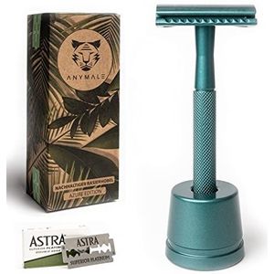 ANYMALE Azure Edition Scheerapparaat, plasticvrij scheerapparaat, set met standaard en 5 Astra messen, nat scheerapparaat voor dames en heren