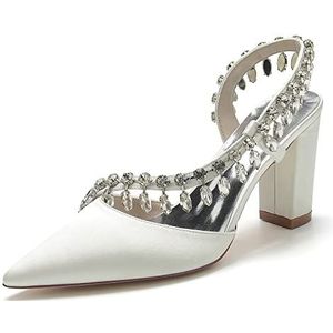 GHSIRUEU Dames Slingback Strass Hakken Gesloten Spitse Neus Blote Rug Blokhakken Bruiloft Feestjurk Pumps Schoenen,ivoor,37 EU