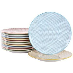 Vancasso Natsuki Porseleinen platte borden, 12-delige ronde bordenset, diameter: 27 cm, grote platte borden, kleurrijk