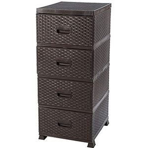 ADGO Schuifladenkast kunststof bruin organizer rek commode met manden plastic rek met 4 laden ladekast 38 x 45 x 90 cm rotan badkamer organisator slaapkamer kledingkast