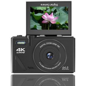 Digitale Camera, Autofocus UHD 4K Vlogcamera met 3 Inch Flip-scherm, 64 MP 18x Digitale Zoom Anti-shake Videocamera, Compacte Reiscamera voor Kinderen, Tieners, Volwassenen (BLACK)