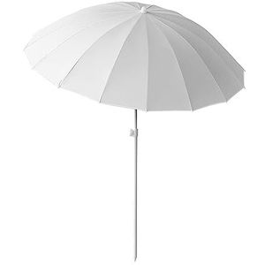 Witte Strandparasol Buiten, 180cm Ronde Draagbare Parasol voor Patio/Camping/Pool, met Kantelontwerp en 16 Baleinen, Upf 50+, Zonder Grondstuk