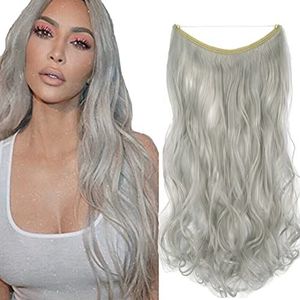 iLUU Haarextensions, zilver, 45,7 cm, 80 g, lange krullende golvende synthetische haarstukjes, verborgen vislijn, onzichtbare draadhaarextensions