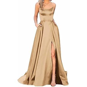 Lange Baljurk - Goud - A-lijn - Halterjurk - Open Rug - Satijn