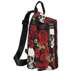 Sling Rugzak Borsttas Horror Patroon op Paarse Achtergrond Anti Diefstal Crossbody Schoudertas Dagrugzak Outdoor Sport Reizen Wandelen voor Mannen Vrouwen, Roos Schedel, Crossbody Backpack