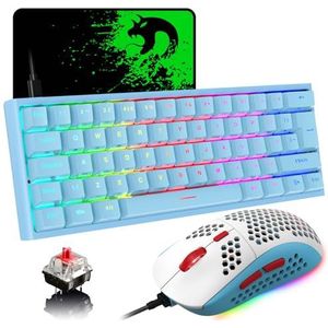 MAGIC-REFINER 60% gaming-toetsenbord en muiscombinatie, mechanisch toetsenbord met RGB-achtergrondverlichting, lichtgewicht gamingmuis, 62 toetsen USB C-draad, 6400 dpi, UK-indeling voor Win/Mac