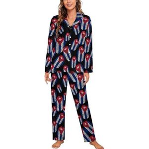 Cuba Vlag Vingerafdruk Lange Mouw Pyjama Sets Voor Vrouwen Klassieke Nachtkleding Nachtkleding Zachte Pjs Lounge Sets