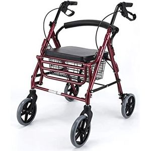 Standaard rollator voor ouderen aluminium rollator met 4 wielen zitting en rugleuningmand, revalidatietraining in hoogte verstelbaar (rood)