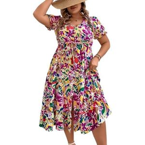 voor vrouwen jurk Plus allover print pofmouwen split dij trekkoord taille jurk (Color : Multicolore, Size : 3XL)