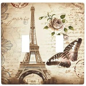 ZhaoYuGoods Vintage Parijs Eiffeltoren Vlinder Print Muurplaat, Dubbele Toggle Lichtschakelaar Outlet Cover 2-Gang 11,4 cm x 11,4 cm, PC Decoratieve Voorplaat voor Thuis & Kantoor