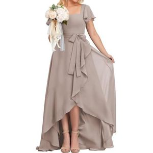 High-Low Prinses Bruidsmeisjesjurken Vierkante Hals Galajurk Chiffon Formele Avondfeestjurk met Mouwen, Taupe, 32