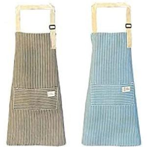 2 Stuks Dames Keukenschort, Schort van Katoen & Linnen met Tas, Kookschorten, Verstelbaar Schort, om te Koken, Bakken, Schilderen, Huishoudelijke Werkzaamheden, Kaffee + Blau