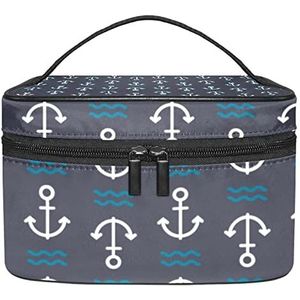 Water Wave make-up tas voor vrouwen meisjes cosmetische tassen met handvat reizen make-up organizer tas, Anker op donkerblauw, 8.9x5.9x5.4 Inches, Make-up zakje