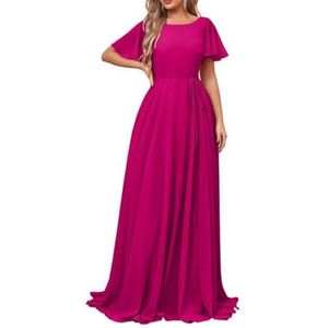 Damesjurken met korte mouwen, lange bruidsmeisjesjurk, chiffon, formele avondjurken met zakken, Fuchsia, 32